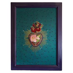 Contemporary Work Sacred Heart Embroidered Painting By Manuela Biocca