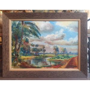 Oil Painting: Lively African Landscape, Ziguinchor, 1963, By Jacques De Saint-seine