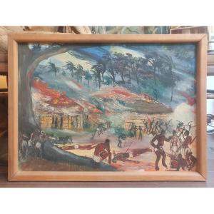 Oil On Panel, Scene In Casamance Among The Flops, 1962, By Jacques De Saint-seine