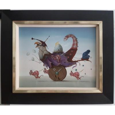 Surrealist Painting Oil On Panel Signed Hans Kanters