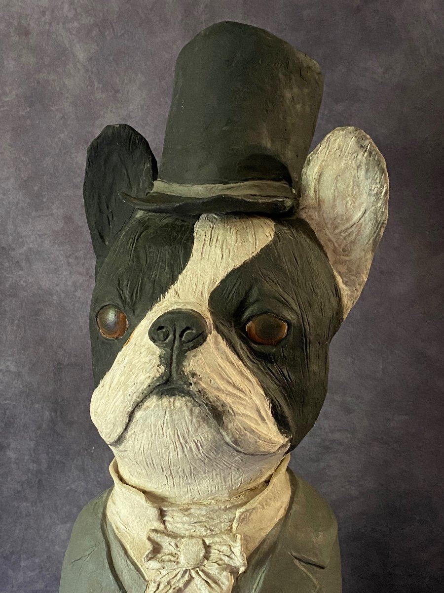 Vecchia scultura raffigurante una caricature di un   bulldogue francese - cartapesta e legno - -photo-2