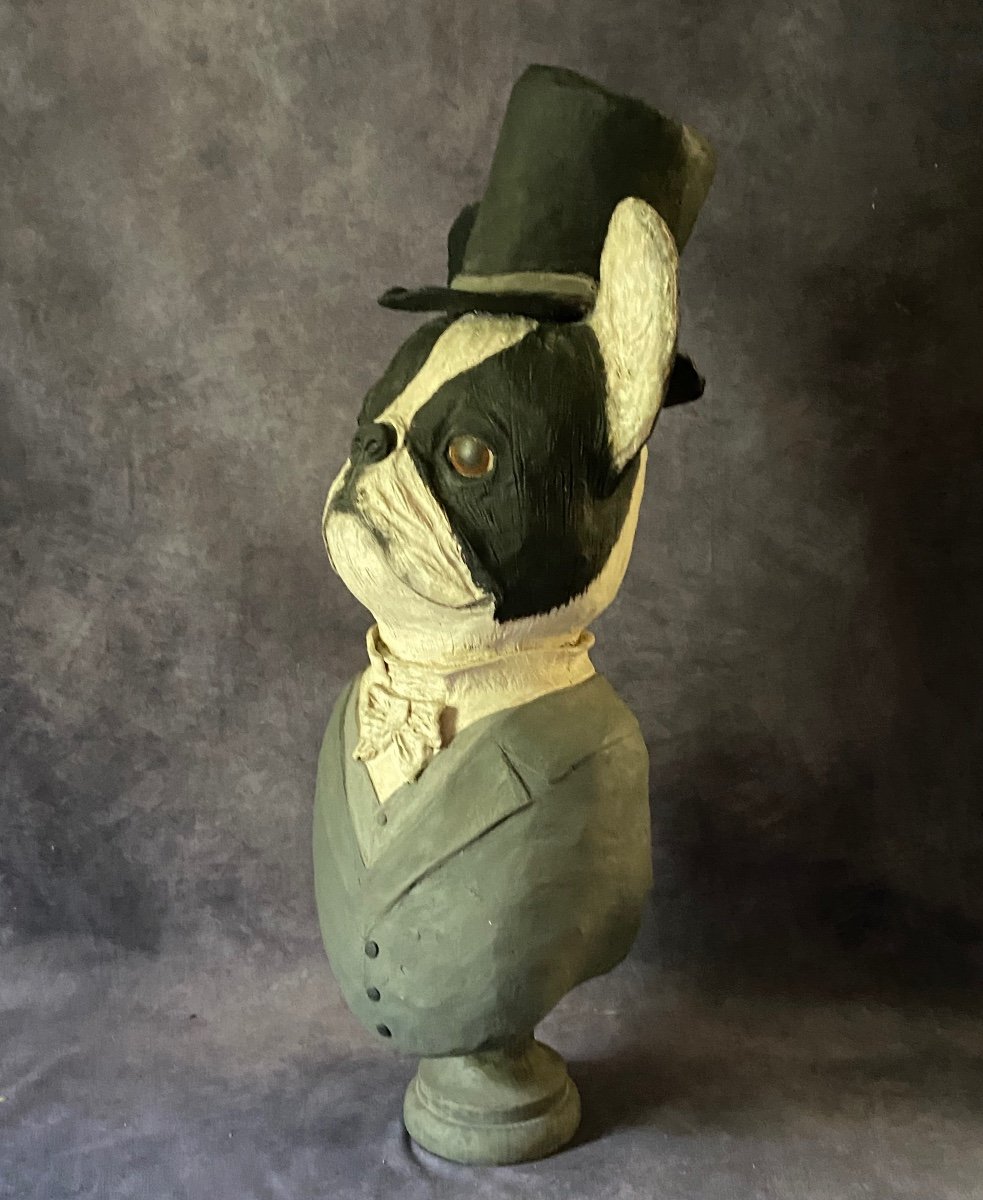 Vecchia scultura raffigurante una caricature di un   bulldogue francese - cartapesta e legno - -photo-3