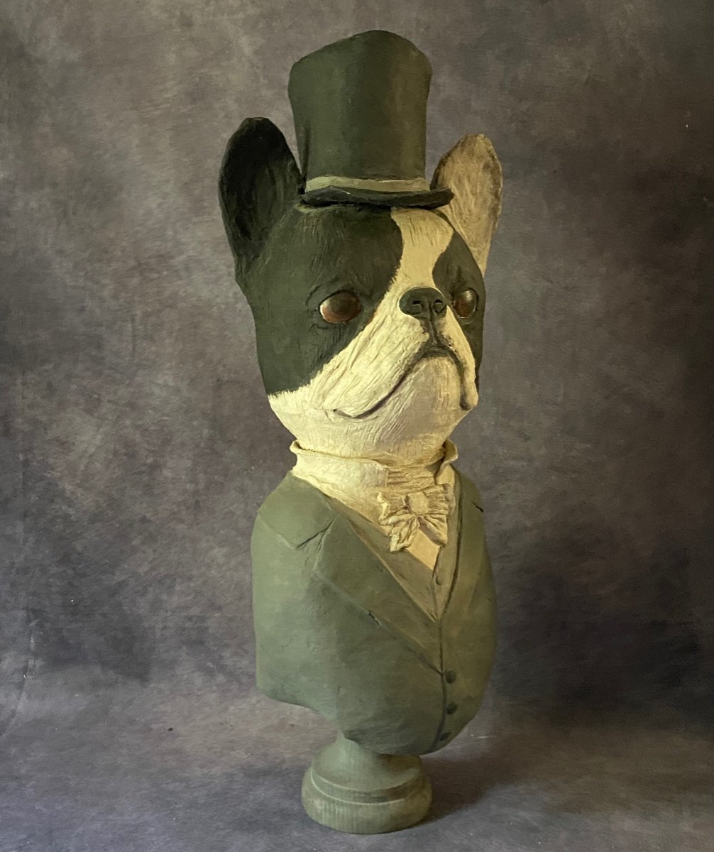 Vecchia scultura raffigurante una caricature di un   bulldogue francese - cartapesta e legno - -photo-4