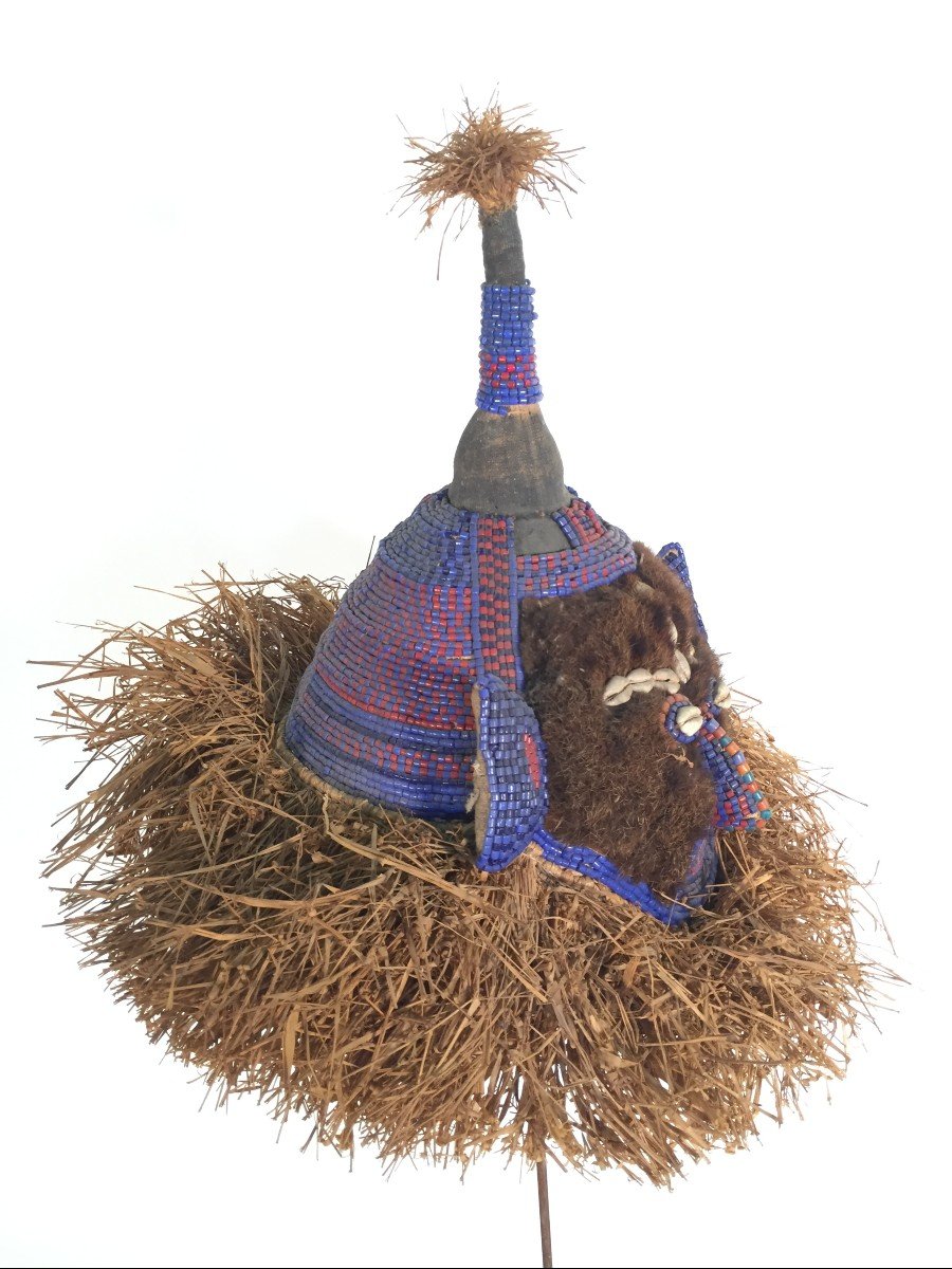 Coiffe Tribale Africaine Avec Perles Et Raphia- Kuba? Acheté Dans Les Années 1960-photo-1