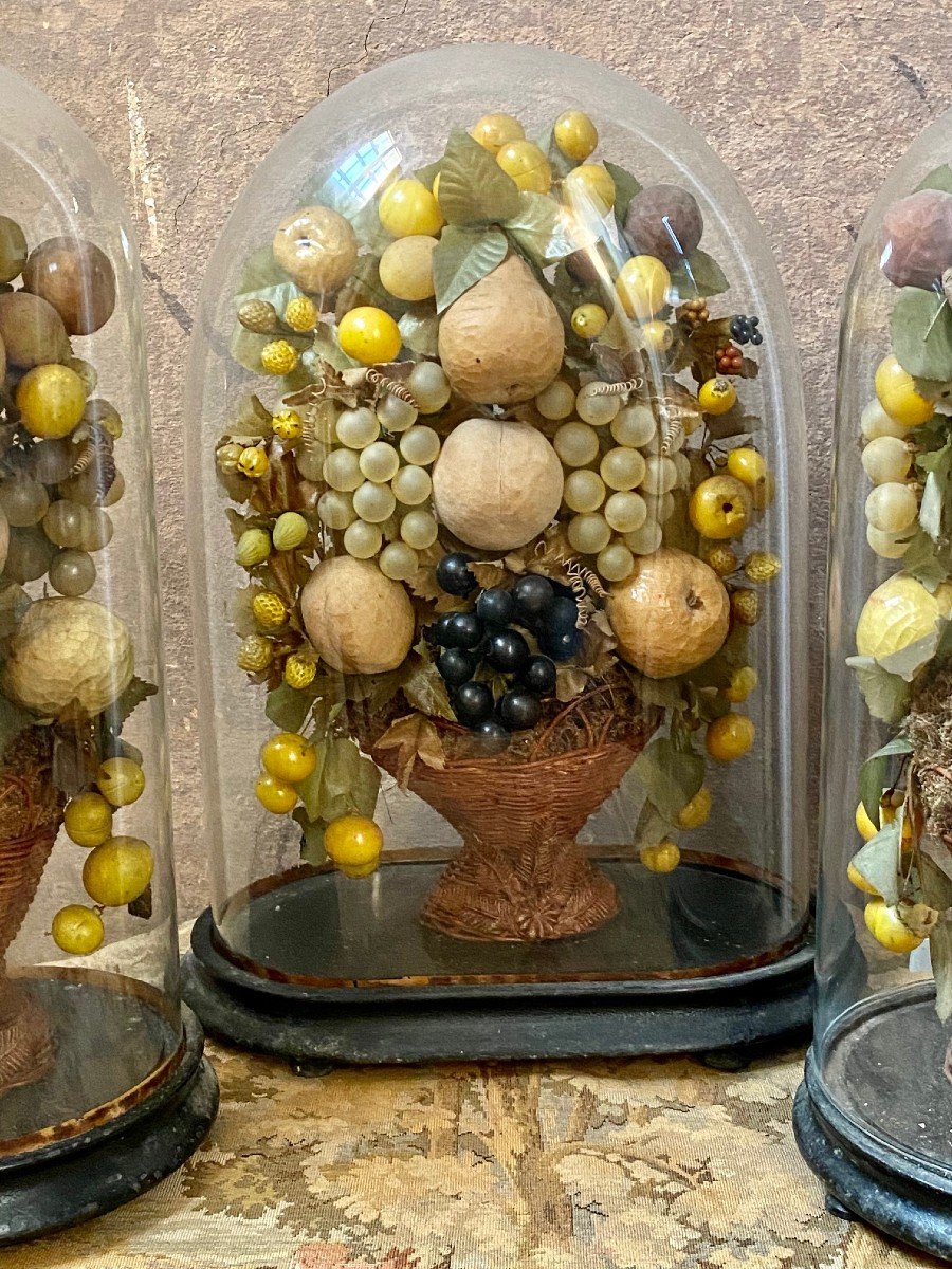 Triomphes de fruits en papier mâché et verre sous cloches de verre - Italie, fin des années 1800-photo-3