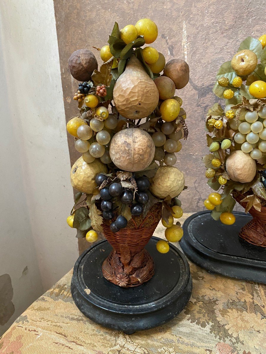 Triomphes de fruits en papier mâché et verre sous cloches de verre - Italie, fin des années 1800-photo-2