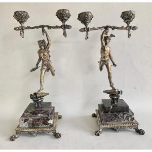 Pair Of Candlesticks Decorated With Mythological Figures