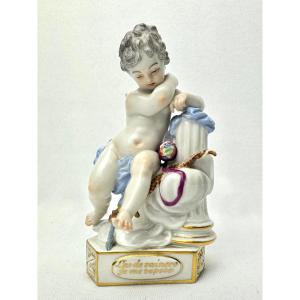 Meissen Porcelain Cupid Figure “weary Of Conquering, I Rest”