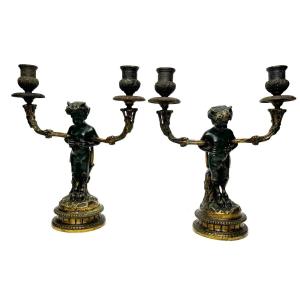 Pair Of Bronze Candlesticks Decorated With Satyrs