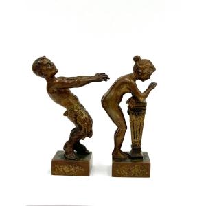 Erotic Bronze From Vienna Bacchante And Satyr By Bergman, Circa 1900