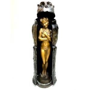 Argentor Wien - Metamorphic Bronze Figure Owl Surrounding A Nude Woman