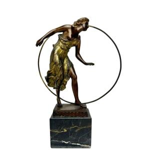 Georges Morin Bronze Figure Woman With Hoop