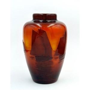 Gallé, Vase Decorated With Sailboats On The Sea