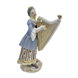 Meissen - Porcelain Figurine Harp Player From La Chapelle Galante