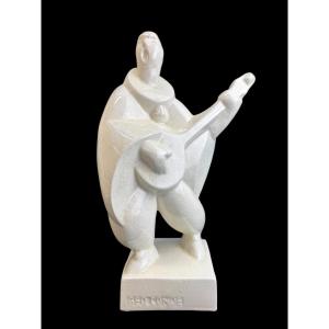 Geo Conde - Art Deco Crackle Figure, Pierrot With Mandolin 