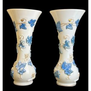 Baccarat - Pair Of Molded Opaline Vases With Ivy Garlands. 