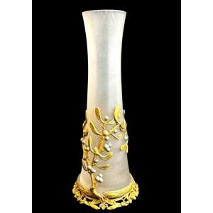 Art Nouveau Vase, Bronze Mount Decorated With Mistletoe Flowers 
