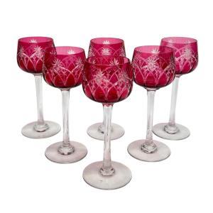 Set Of 6 Red Crystal Wine Glasses