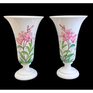 Large Pair Of Opaline Vases Decorated With Flowers