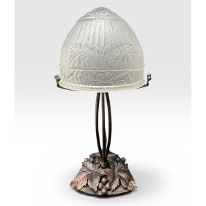 Art Deco Wrought Iron Lamp Decorated With Flowers And Butterflies. 