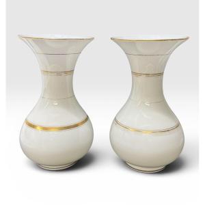 Baccarat, Pair Of White Opaline Vases With Gilded Motifs