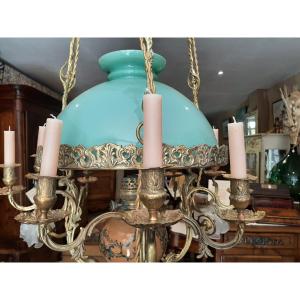 Matador Oil Suspension Chandelier And Candles In Bronze And Opaline Napoleon III - 19th Century