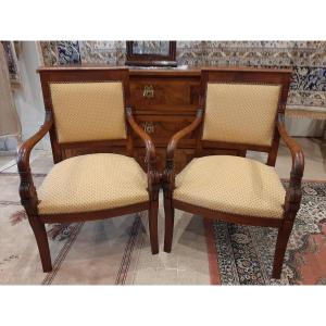 Pair Of Blond Mahogany Dolphin Head Armchairs - Early 19th Century