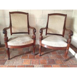 Pair Of Mahogany Armchairs With Crosses - Restoration Period - 19th Century