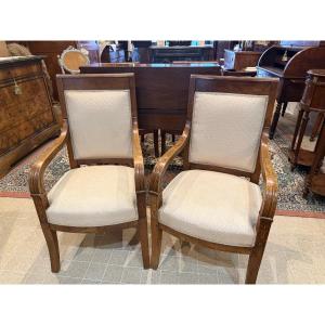 Pair Of Walnut Armchairs - 19th Century Empire Period