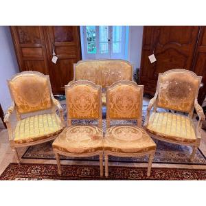 Louis XVI Style Living Room Furniture In Lacquered Beechwood: Bench, Armchairs And Chairs - 19th Century