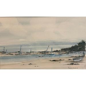 Watercolor Signed Alexandre Bonade - View Of Saint-servan Beach (saint-malo)