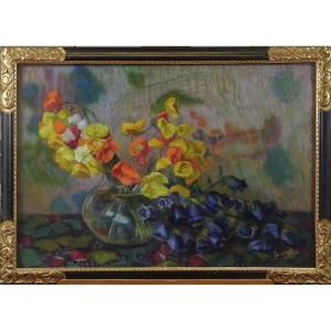 Still Life Vase Of Flowers. Pastel By Jeanne Tombu