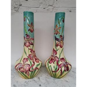 Pair Of Iris Barbotine Vases From Longchamp Art Nouveau 