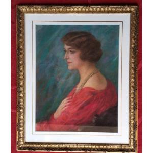 Elegant In A Red Dress, Pastel By Henry Degroux 