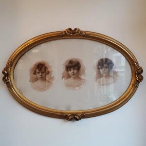 Large Art Deco Oval Frame + Vintage Photographs