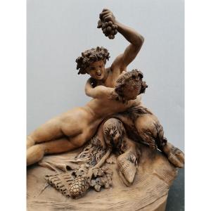 Satyr And Bacchante In Terracotta Signed Clodion 
