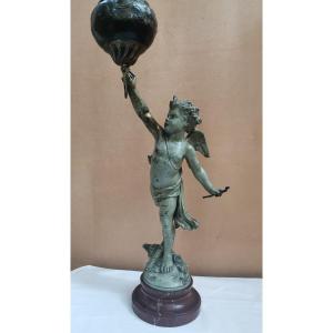 Large Angel And Lamp Subject In Spelter By Jean Louis Grégoire 