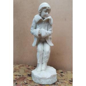 La Frileuse, Little Girl In Winter, Alabaster Signed à Gennay 
