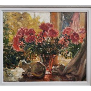 Jean René Nys. 2 Paintings, Cat, Still Life. 