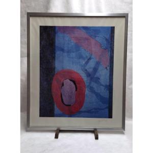 Jeanick Bouys - Pink And Blue Abstraction. Lithograph Signed Circa 1988