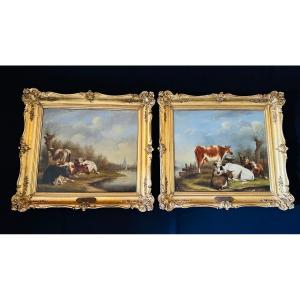 Pair Of Oils On Panels Cows, Goats And Donkey Near A Stream.