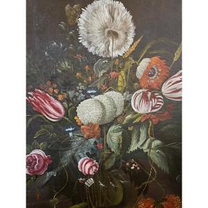 Large Oil On Canvas, Still Life With Flowers.