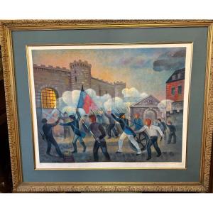 Original Lithograph Louis Toffoli (1907-1999) "the Storming Of The Bastille 1989."