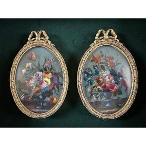 Pair Of Miniatures, Still Lifes Of Flowers.