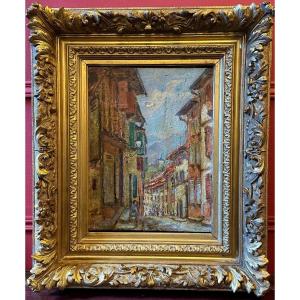 Saint Jean Pied De Port, Rue De La Fortress. Oil On Canvas By Jean  Bordier. XX Th.