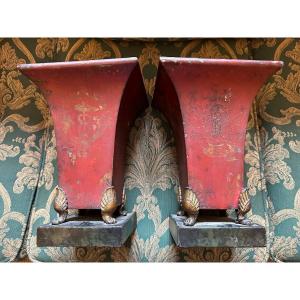 Pair Of Cornets Vases In Sheet Metal From The Empire Period.