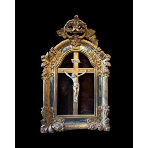 Large Christ In Ivory, Frame With Closed Glasses In Golden Wood, Regency Period. 