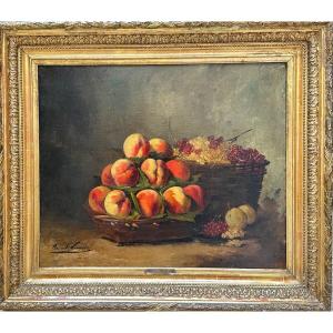 Alfred Arthur Brunel De Neuville (1852-1941) Oil On Canvas, Still Life With Peaches 