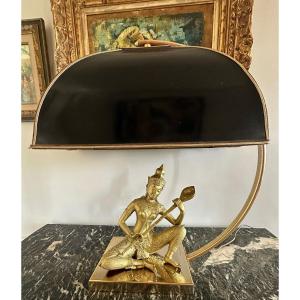 Seated Buddha Lamp In Golden Bronze 