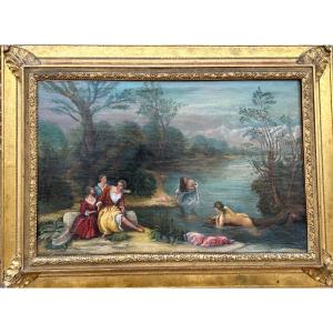 Romantic Oil On Canvas "the Bathers". 